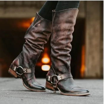 Kvinder støvler, knæhøje vintage imiteret læder lave hæle damer sko rund tå platform ridning støvler plus size shoes de mujer