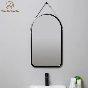 Badeværelse Spejl Hængende Pladsen Runde Spejl i Massiv Bambus Ramme og Justerbar Læder Rem Dekorative Makeup Square Spejl