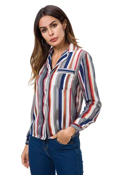 Lanbaiyijia Fashion brand shirts Kvinder Bluse med lange ærmer turn-down krave Silver line mix farve Stribet Skjorter Chiffon Shirts