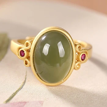 Nye Sølv Naturlige Oval Safir Ring Håndværk Kinesiske Retro Palace Fengxiangyun Åbning Justerbar Kvinders Mærke Smykker