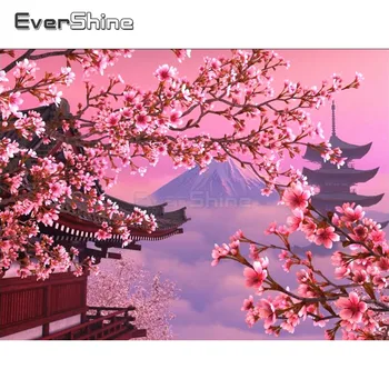 EverShine Diamant Broderi Liggende Billede Af Rhinestones Fuld Pladsen Japansk Diamant Maleri Cherry Blossoms Home Decor
