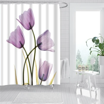 Lilla badeforhæng Farverige 3d Blomster, vask, brusebad Vandtæt Indretning med hooks180x200cm til Badeværelse store cortina bano шторы