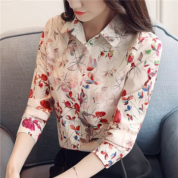 Koreansk Mode Kvinde, Chiffon Blouse Shirts Elegante Kvinder Blomstret Bluse Shirt Plus Size Kvinder Shirts Dame Toppe og Bluser Toppe
