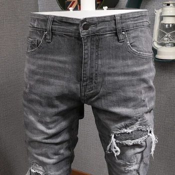 Amerikanske Streetwear Mode Mænd Jeans Retro Grå Vask Slim Fit Elastisk Ripped Jeans Mænd Patches Designer Hip Hop Jeans Til Mænd