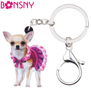 Bonsny Akryl Sød Lyserød Kjole Chihuahua Hund Nøgleringe Nøglering Ringe Dyre Smykker Til Kvinder Girl Damer Håndtaske Bil Charms