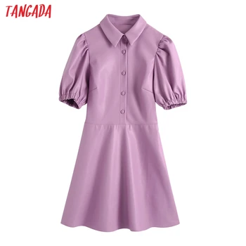 Tangada fashion kvinder lilla faux læder kjole 2020 ny ankomst kort ærme damer tunika mini kjole BE635