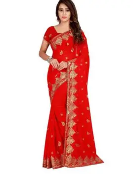 Guld Broderi Saree Flot Indisk/Pakistanske Sharara Stil Salwar Jakkesæt til Kvinder Bryllup Kjole Rød Farve