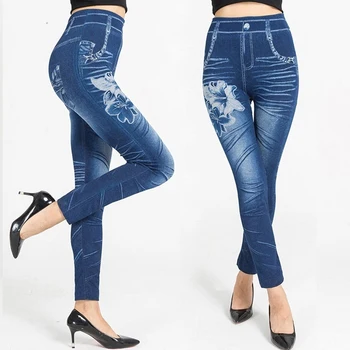 Kvinder Leggings Print Blyant Bukser Efteråret Og Vinteren Casual Nye Elastiske Mode Høj Talje Faux Jeans Leggings Plus Størrelse 2XL