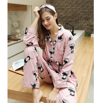 Pyjamas Sæt til Foråret og Sommeren Sød Kanin Print Kvinder Pyjamas Sæt Bukser Kvindelige Pyjamas med Lange Ærmer Nighties Nattøj
