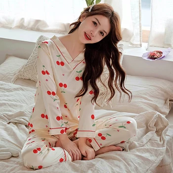 Langærmet Silke Pyjamas Sæt til Kvinder Efteråret Silke Nattøj Pyjamas Nattøj Sæt Ung Pige Pyjamas Sæt V-hals Nattøj Sæt