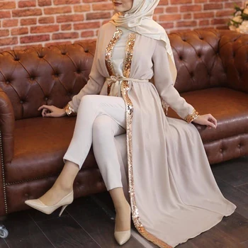 MISSJOY 2020 Abayas Muslimske Kvinder Kjole Paillet Casual Patchwork tyrkisk Dubai Kjoler Elegant Cardigan Grå Sort Robe Kvindelige