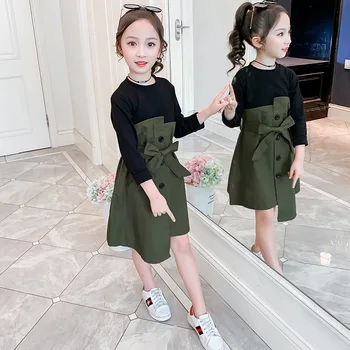 Kjole Til Piger 2020 Piger Dress Patchwork Falske 2stk koreanske Slank Part, Kids Kjole Med Sløjfe Bælte Foråret Børn Kjoler For Piger