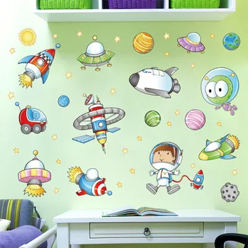 Creative Space Astronaut UFO Mærkat for Kids Room Tegnefilm Tapet Vindue Vægmalerier Dreng Garderobe Klistermærker Hjem Soveværelse Wall Decor