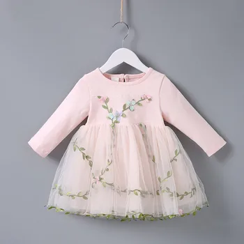 Foråret Dåb prinsesse fødselsdag blomster, græs broderi baby piger dress børn tøj, bolden kjole pink beige 0-2T