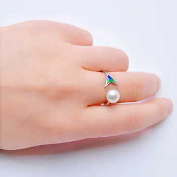 ASHIQI Emalje Havfrue 925 Sterling Sølv Ring 7-8mm Naturlige Ferskvands Perle Smykker til Kvinder, Åbne Finger Smykker