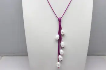 Handmade 6 Beads White Freshwater Pearls and Purple Leather Necklaces 9x12mm 18INCH