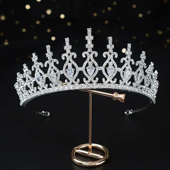 SLBRIDAL Legering Rhinestone Krystal Cubic Zircon Brude Tiara Prinsesse Krone Bryllup Hår Tilbehør til Kvinder Kjole Prom Smykker