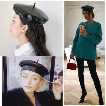 Crocodile Sort Baret Læder Hat Baretter Caps For Kvinder Franske Maler Hat