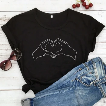 Kærlighed, Hjerte, Hænder Matchende Par T-shirt Søde Kvinder Gestus Finger Hjerte Symbol Tops Tees Minimalistisk En stregtegning Tshirt