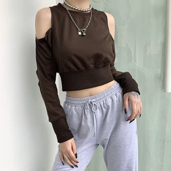 Darlingaga Streetwear Kolde Skulder Solid Beskåret Sweatshirt Mode Spænde Efteråret Pullover Hule Ud Sexede Kvinder Sweatshirts