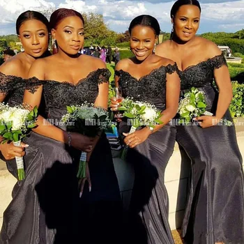 Off Skulder Black Lace Brudepige Kjoler 2021 Lace Up Back Jakke Plus Size Bryllup Fest Kjoler Til Afrikanske Kvinder