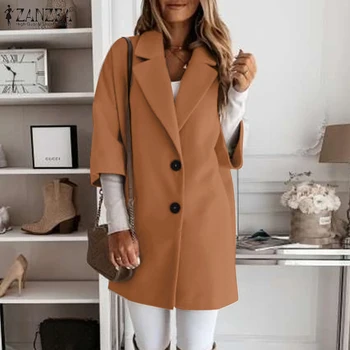 ZANZEA Dame Jakker 2021 Kvindelige Elegante Lange Outwear Foråret Lapel Coats Knappen Op Casual Solid Half Sleeve Oversize Frakke 5XL