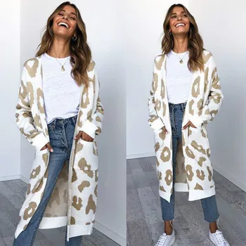 Efteråret Nye Kvinder Leopard Fritids-Ins Stil Strikket Lang Cardigan Med Lange Ærmer Sweater Frakke Kvindelige Dame Outwear Frakker