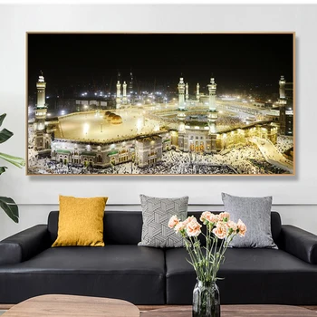 Mekka-Moskeen By Night View Lærred Malerier på Væggen Islamisk Kunst Plakater og Prints Muslimske Landskab Billeder til Hjemmet