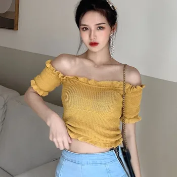 Kvinder er Sommer Tshirt Mode Blusas Roupa Feminina Nye koreanske Sexet Tube Top Solid Farve Slank Kort Eksponering Strikket T-shirt