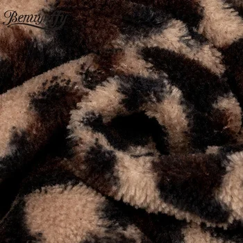 Benuynffy Efterår og vinter Leopard Print Faux Fur Frakke Kvinder M Lange Varme Plys Bamse Pels Kvindelige Casual Lommer Overfrakke Frakker