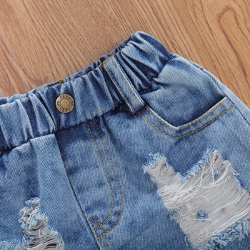 Barn Børn Baby Girls Fashion 3-delt Sæt Tøj Solid Farve Halterneck Top+Denim Shorts+Pandebånd Sommeren Afslappet Tøj Sæt 2020