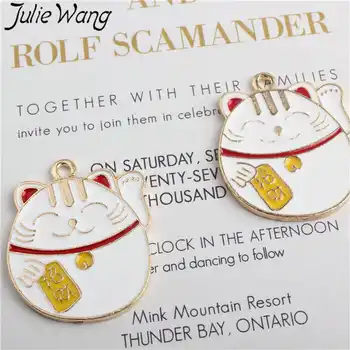 Julie Wang 5pcs Emalje Formue Kat Charms, Alloy Guld Tone Lucky Cat Dyr Halskæde Armbånd Smykker at Gøre Tilbehør