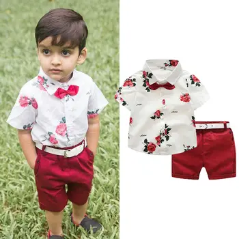 Citgeett Sommeren 2stk Kids Baby Dreng Blomster Shirt Korte Ærmer Tops+Bukser, Røde Shorts Udstyr, Tøj, Herre, de Passer Mode Sæt