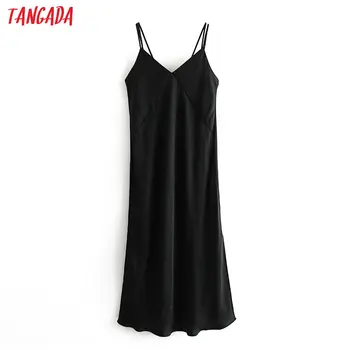 Tangada fashion kvinder silke ser sort backless kjole uden ærmer damer vintage midi kjole vestidos 3H244