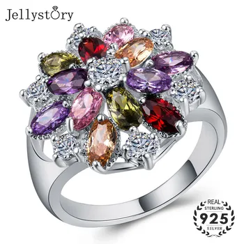 Jellystory Trendy 925 Sølv Ring med Coloful Topas Zircon Sten Blomst Ring for Kvinder Bryllup Part Gave Fine Smykker