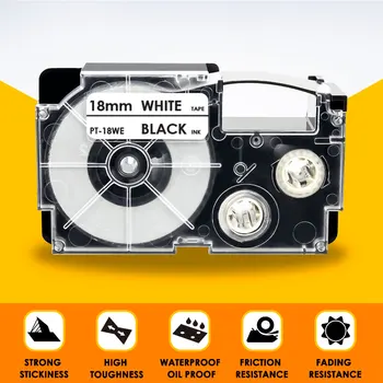20PCS XR-18WE Sort på Hvidt kassettemærkaten Tape for Casio 18mm for Casio KL-G2 KL-120 KL-7200 KL-7400 KL-8100 Label Maker 18mm