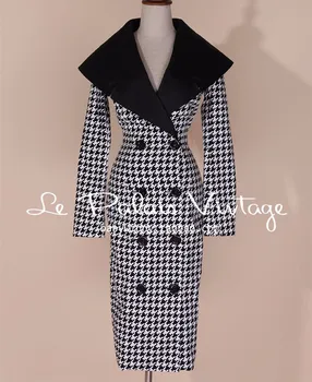 45 - vintage kvinder i 50'erne houndstooth lang vrikke blyant shirt kjole pinup vestido plus size elegante jurken kjoler robe