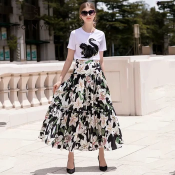 SEQINYY Kvinder 2020 Sommeren Nye Mode Design Broderi Swan Krystal Hvid Bomulds T-shirt + Romantisk Lily Flower Print Nederdel