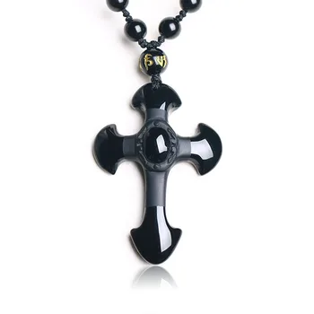 Natursten Obsidian Tværs Amulet Halskæde Håndskårne Vedhæng med Lucky Gratis Perler, Kæde Til Kvinder, Mænd Smykker