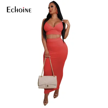 Echoine Kvinder solid to-delt sæt spaghetti strop v-neck crop top bodycon-midi-maxi nederdel, der passer matchende træningsdragt Party outfit