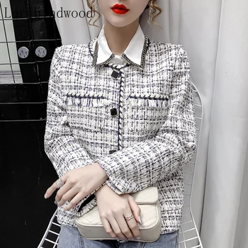 Efterår Og Vinter Tweed Frakke Kvinder Vintage Langærmet Kort Uld Jakke Frakke Kvindelige Koreanske Stil Ins Streetwear Plaid Outwear Top