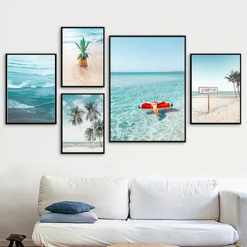 Beach Palm Tree Skandinaviske Print Plakat Ananas Ocean Vejskilt Væg Kunst, Lærred Maleri på Væggen Billeder til Stue Indretning