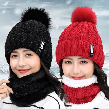 2 Stykker Sæt Kvinders Strikkede Hat, Tørklæde Vinter Tykkere Varm Fleece Brev Huer Skullies Hat Kvindelige Udendørs Ridning Sæt Hætter
