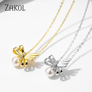 ZAKOL Mode Cubic Zirconia Kæde Bue Guld & Sølv Farve Perle Vedhæng Neckalces Søde Kvinder Smykker Pige Gave