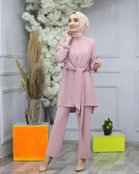 Muslimske 2pecs Sæt Kvinders Plus Size Abaya Dubai Lace-up Toppe, Bukser Kaftan Oman Pakistan, Tyrkiet, Afrika Islamisk Tøj Kjole