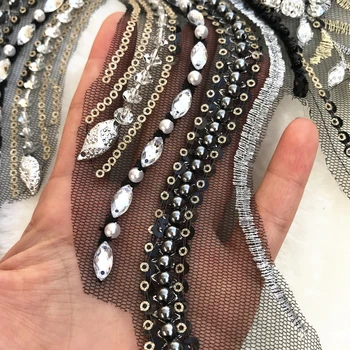 Bi.Dw.M Fine Håndværk Crystal Lace Satin Beaded Syning Applique Patches 28x41cm For Tøj Dekoration Kjoler