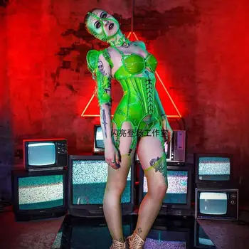 Fremtidens Teknologi Kostumer Natklub Bar Sexet Fluorescerende Grøn Bikini Bæltet Kvindelige Sanger Ds Fest Halloween Tøj DWY4444