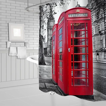 Retro London telefonboks, Badeværelse badeforhæng Big Ben Rød Natur Vandtæt Polyester Stof til Kunst Badekar Home Decor