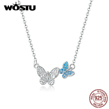 WOSTU Ægte 925 Sterling Sølv Par Flyvende Sommerfugl Halskæde Blue Zircon Kæde Til Kvinder Elsker Heldig Smykker FIN384