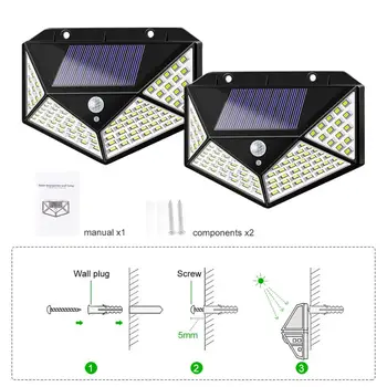 QIFU 3 Modes 100 LED Solar Light Udendørs Sol Lampe Drevet Sollys Vandtæt PIR bevægelsesføler Gade Lys til Haven Indretning